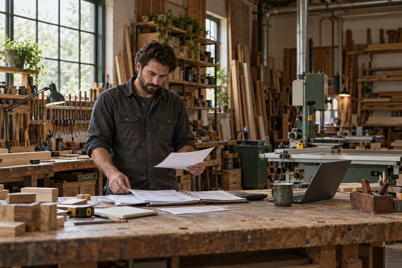 A workshop owner reviewing business paperwork at his workbench