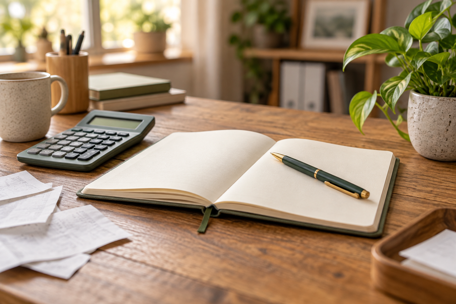 A notebook and calculator on a wooden desk for cash planning