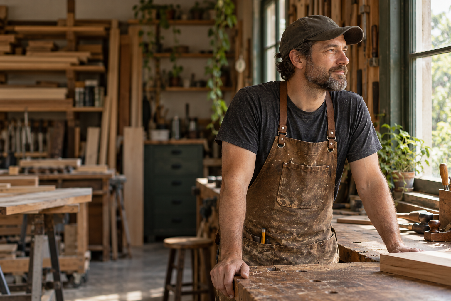 A small-business owner considering his next project in a woodworking shop